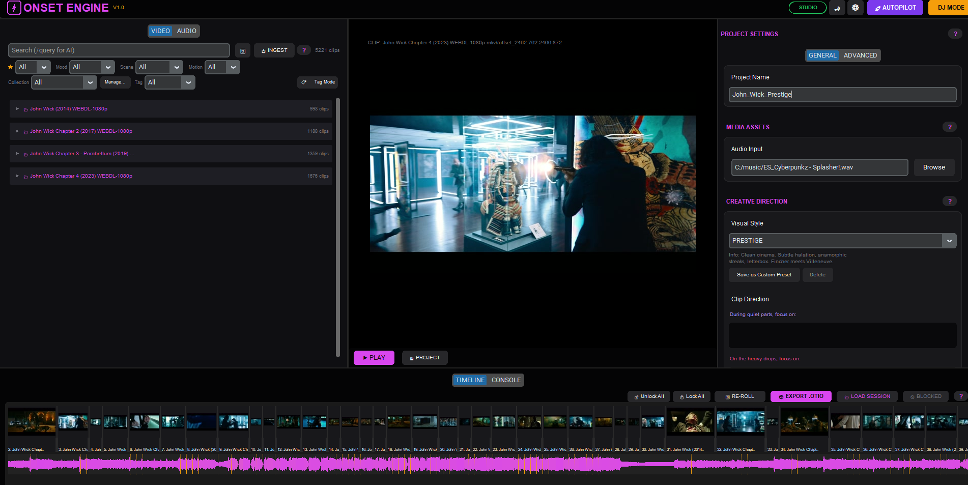 The Onset Engine Studio Mode interface showing a video preview, timeline, and editing controls